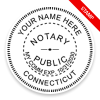 This notary public round stamp for the state of Connecticut adheres to state regulations and features a custom field for county. Orders over $75 ship free!