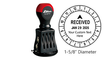 Personalize this 12 hour date & time stamp with your own custom text! Impression is 1-5/8" in diameter with rotating dial for time. Orders over $75 ship free!