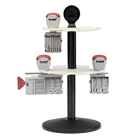 This heavy duty stamp rack will hold up to 14 stamps (non-self-inking & small daters) Metal rack rotates with ease & allows a clutter-free space.