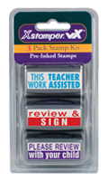 3 pre-inked rubber stamps for teachers/schools. THIS WORK TEACHER ASSISTED, REVIEW & SIGN, PLEASE REVIEW WITH YOUR CHILD. Refillable w/ Xstamper ink.