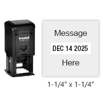 Customize this 1-1/4" x 1-1/4" self-inking Printy date stamp with up to 4 lines of text above and below the date in your choice of 11 ink colors.