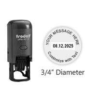 This round self-inking 3/4" date stamp with up to 2 lines of text is best for simple and minimal text. Available in 11 different ink colors. Refillable.