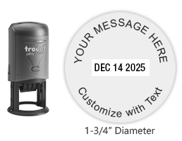 Customize this round 1-3/4" date stamp with up to 4 lines of text in your choice of 11 vibrant ink colors. Orders over $75 ship free in 1-2 business days.
