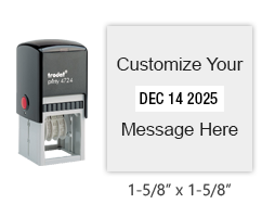 Customize this 1-5/8" x 1-5/8" squared date stamp w/ up to 2 lines of text above & below the date in your choice of 11 ink colors. Orders over $75 ship free.