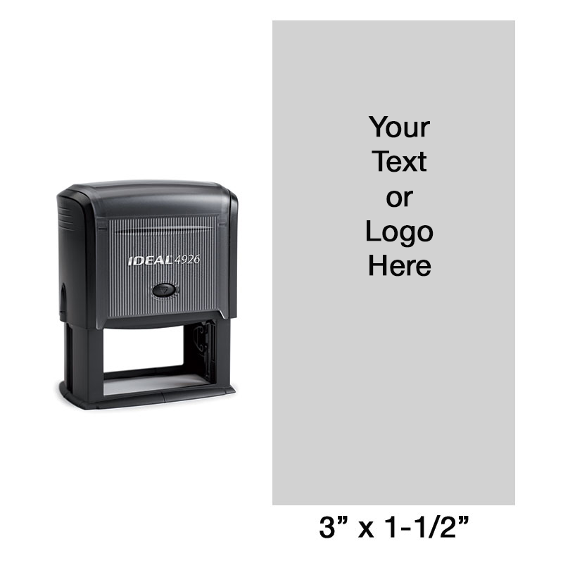 This 3" x 1-1/2" custom self-inking stamp allows for up to 18 lines of free customization in your choice of 11 ink colors. Ships in 1-2 business days.