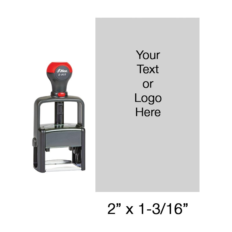 Customize this 2" x 1-3/16" stamp with up to 12 lines of text or b&w artwork in 11 ink colors! Great for high volume stamping. Ships in 1-2 business days!