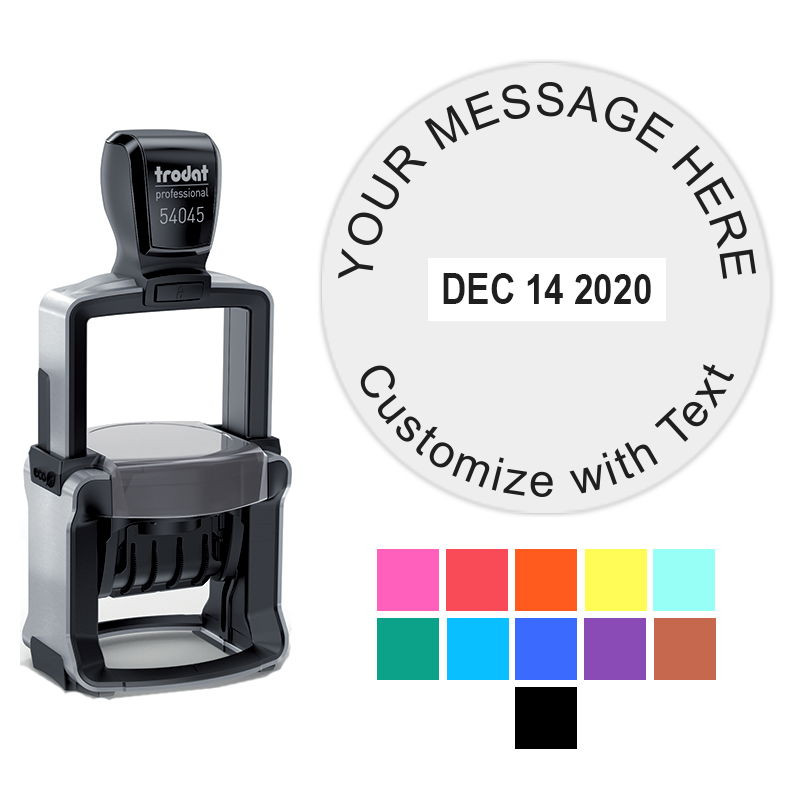 Create a round 1-3/4" self-inking dater with 4 lines of your own text. Choose from 11 ink colors or a 2-color pad option. Fast & free shipping over $75!