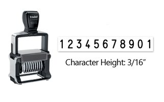 Personalize this 10 band Trodat numberer with up to 4 lines of text. Number height is 3/16" and custom area is 1-5/16" x 2-1/4". Orders over $60 ship free!