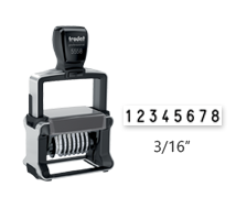 Customize this self-inking 8 band Trodat numberer with 2 lines of text. Number size is 3/16" and custom area is 1-5/16" x 2-1/4". Orders over $60 ship free!