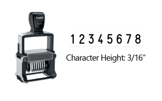 Customize this self-inking 8 band Trodat numberer with 2 lines of text. Number size is 3/16" and custom area is 1-5/16" x 2-1/4". Orders over $75 ship free!