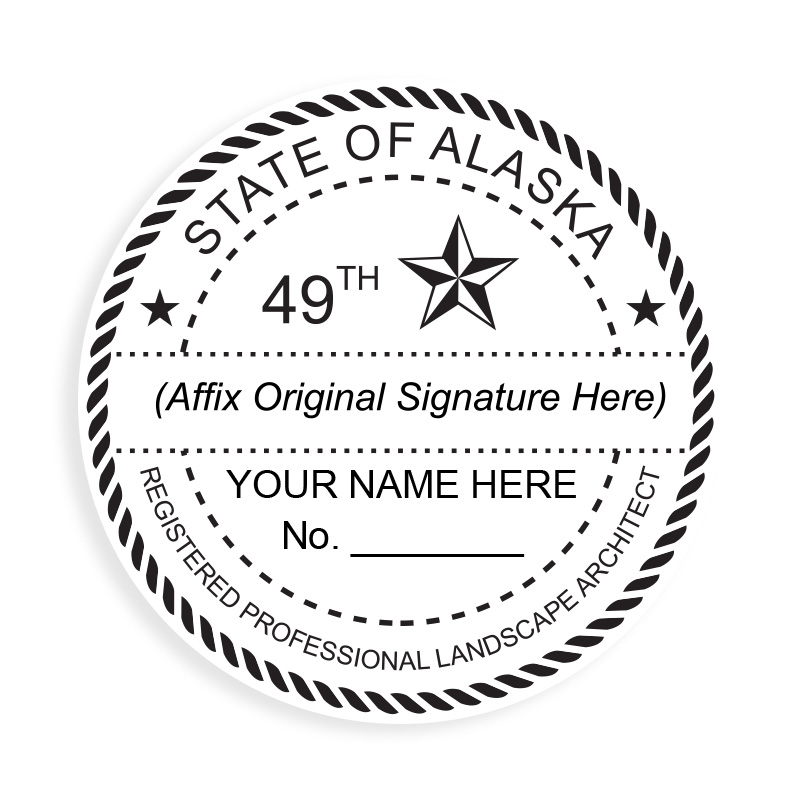 This professional landscape architect stamp for the state of Alaska adheres to state regulations and provides top quality impressions. Orders over $100 ship free.