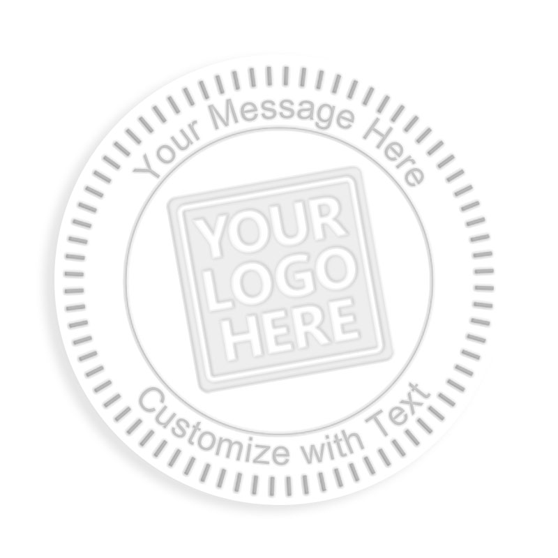 This Shiny knurlled-solid border custom embosser has an impression size of 2" diameter and features 6 lines of customizable text w/ 8 mount options.