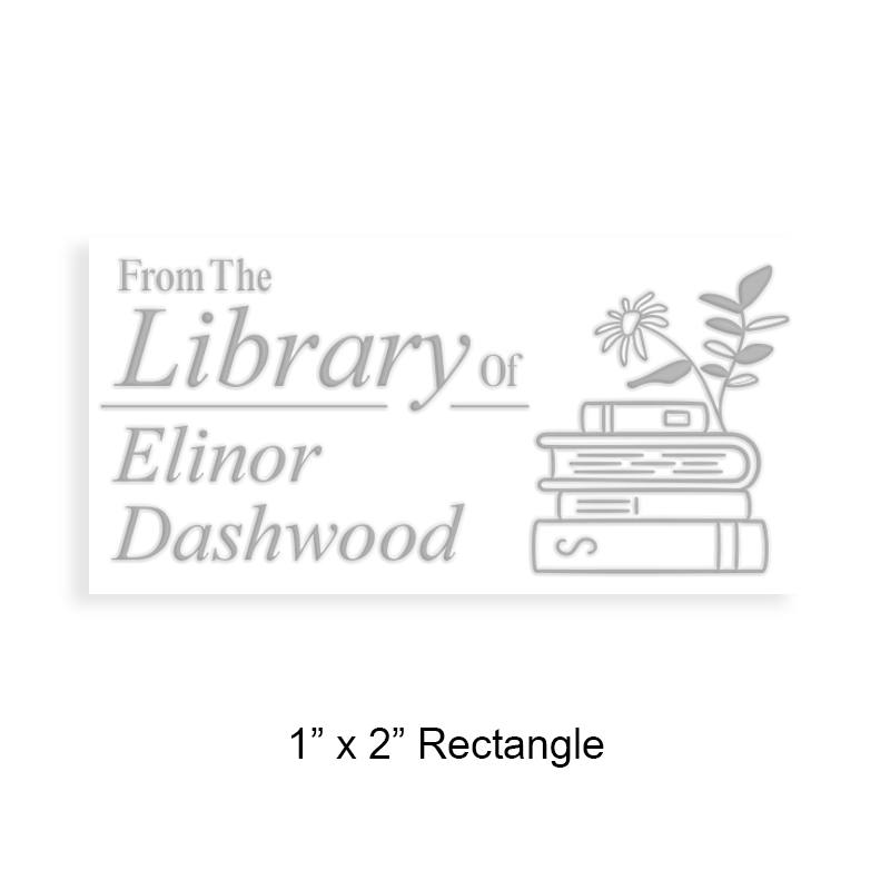 Customizable 1" x 2" rectangle library embosser, stacked books with flowers design. Available on 3 mounts: desk, gift and pocket. Fast shipping.