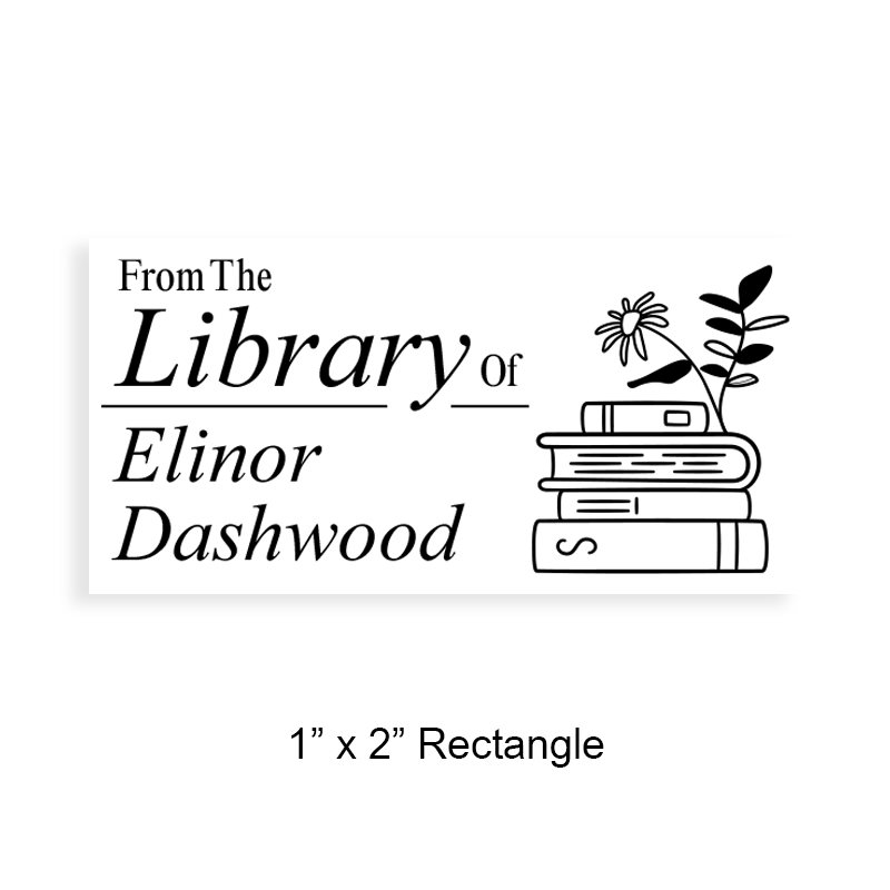 Personalized 1" x 2" rectangle book stamp. Stacked books with flowers design. 5 mount options available. Wood, self-inker, pocket & pre-inker. Quick ship.