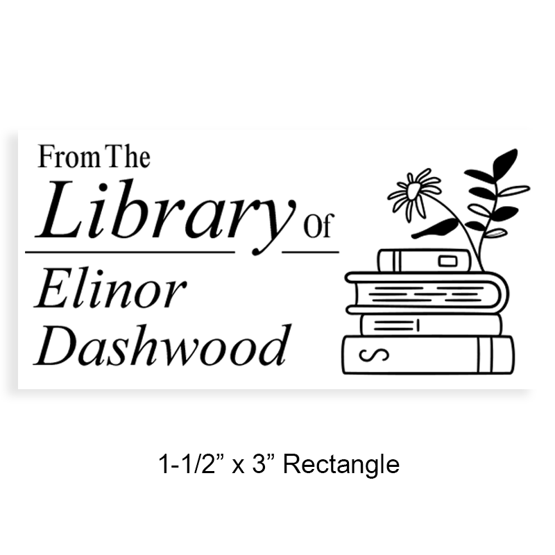 Personalized 1-1/2" x 3" rectangle book stamp. Stacked books with flowers design. Available on 4 mounts: wood, self-inking & pre-inking. Fast shipping.