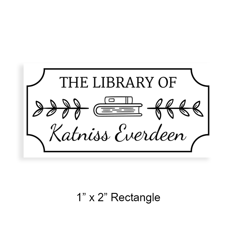 1" x 2" rectangle book stamp, ticket border books with stems design. Customize on 5 mount options: wood, self-inking, pocket & pre-inking. Fast shipping.