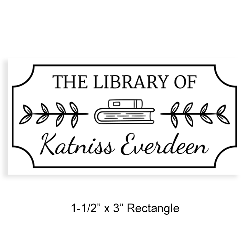Personalize this 1-1/2" x 3" library stamp. Ticket border books w/ stems design. 4 mount options: wood, self-inking and pre-inking. Fast shipping.