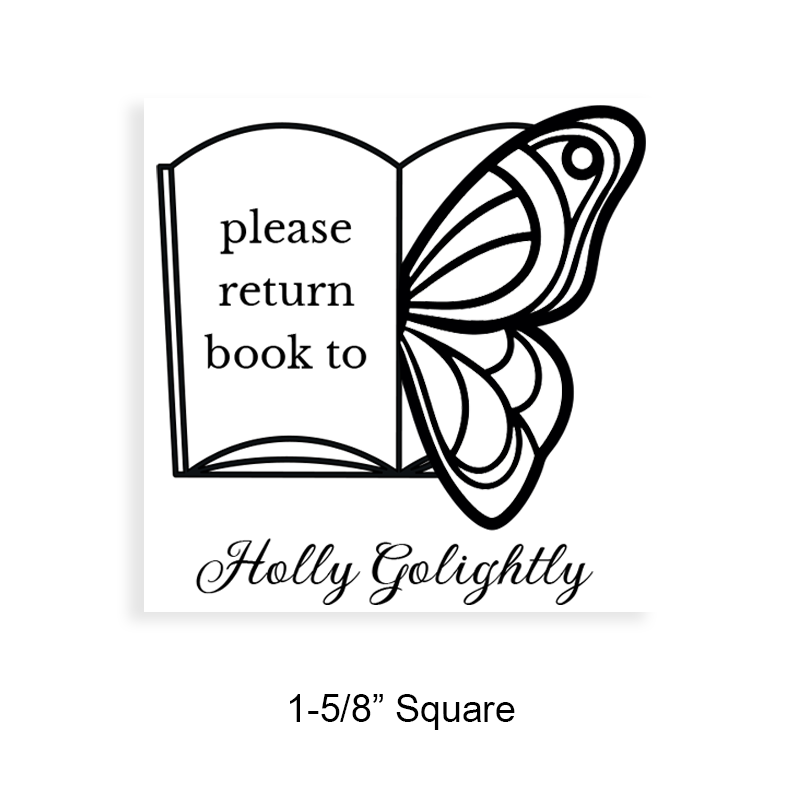 Tailor-made 1-5/8" square book stamp. Butterfly book page design. 7 mount options available. Wood, self-inking and pre-inking. Fast shipping.