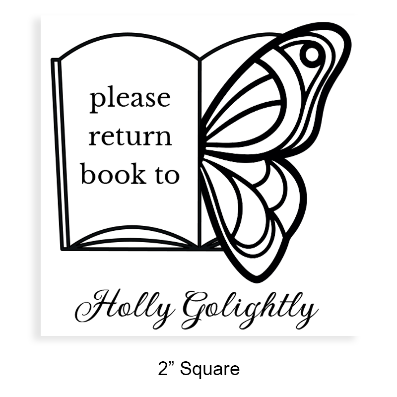 Customizable 2" square book stamp. Butterfly book page design. 3 mount options available. Wood hand stamp and pre-inking. Fast shipping.
