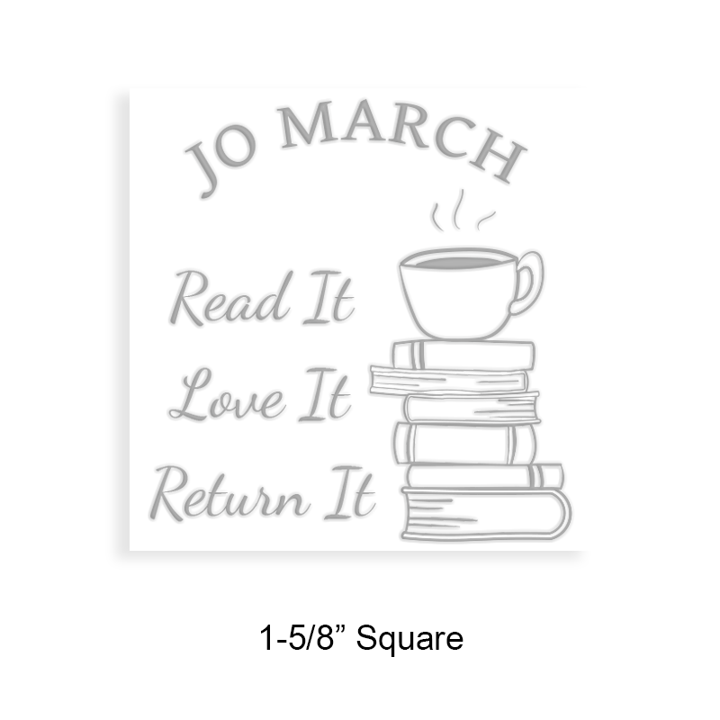 Custom-made 1-5/8" square book embosser. Coffee on stacked books design. 3 mount options available. Desk, gift and pocket. Fast shipping.