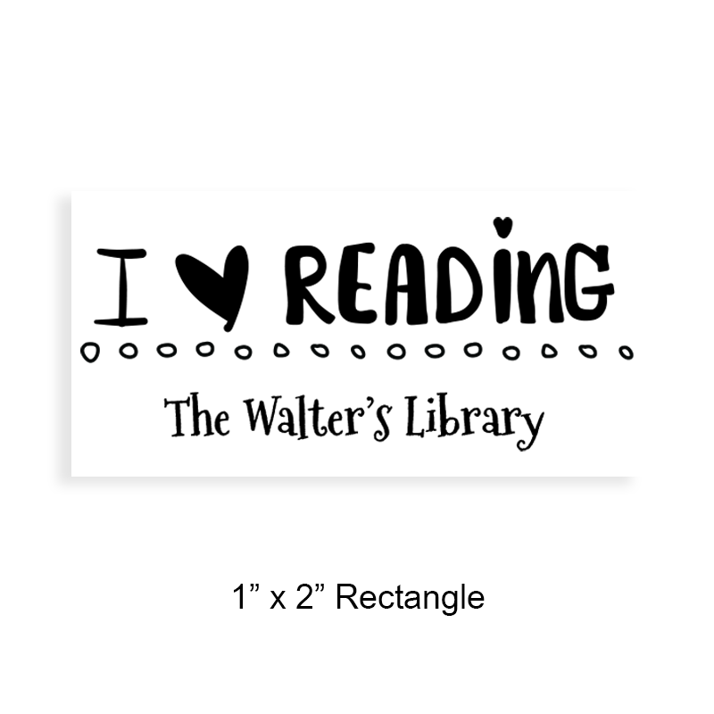 Customize this 1" x 2" rectangle book stamp. Love of reading design. 5 mount options available. Wood, self-inking, pocket & pre-inking. Fast shipping.