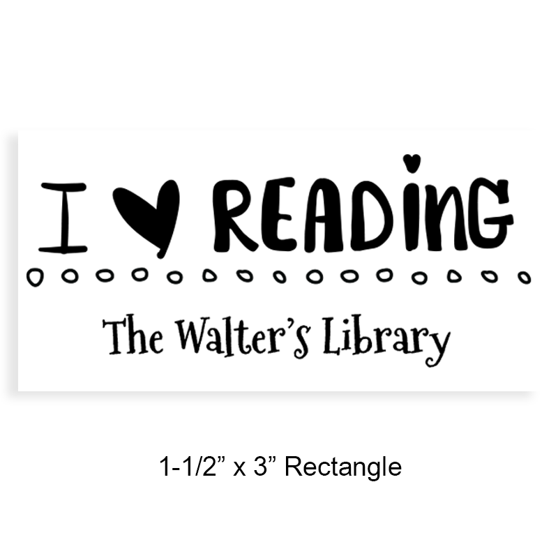Customize this love of reading 1-1/2" x 3" rectangle book stamp. 4 mount options available. Wood, self-inking and pre-inking. Fast shipping.