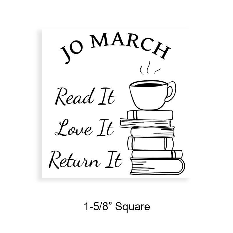 Custom-made 1-5/8" square book stamp. Coffee on stacked books design. 7 mount options available. Wood, self-inking and pre-inking. Fast shipping.