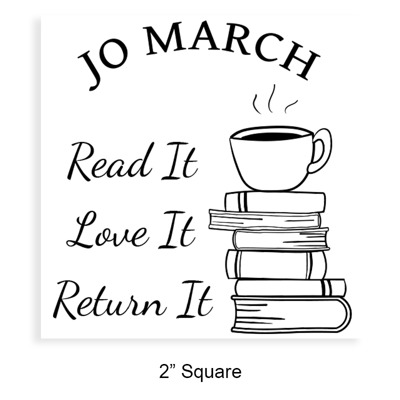 Personalize this 2" square book stamp. Coffee on stacked books design. 3 mount options available. Wood hand stamp and pre-inking. Fast shipping.