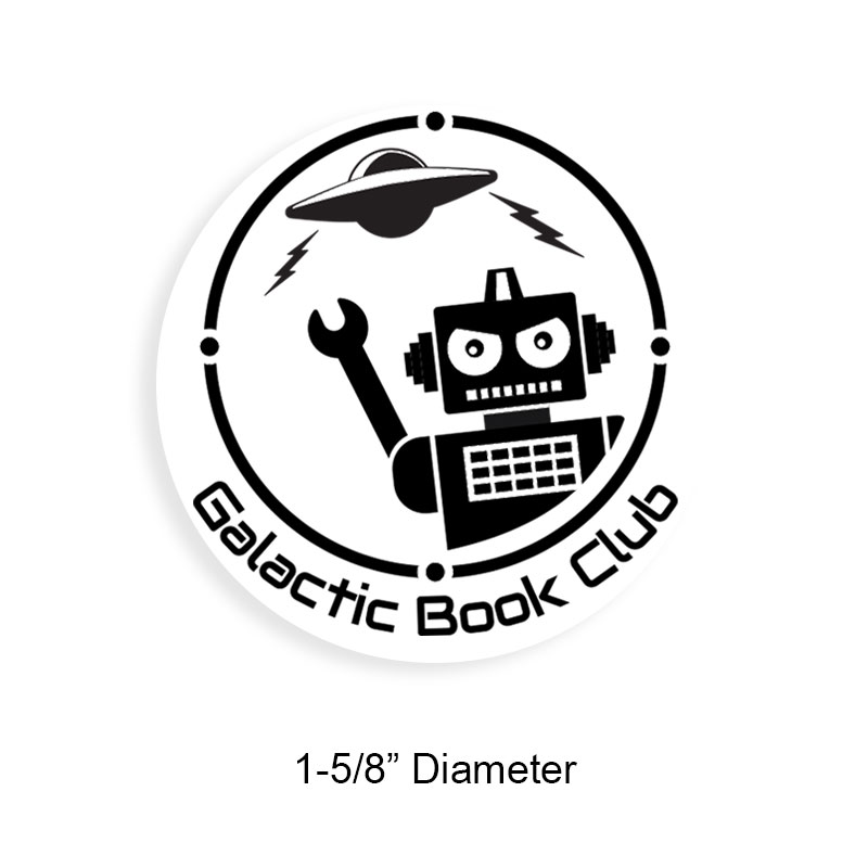 Custom-made 1-5/8" round book stamp. Sci-Fi design. 6 mount options available. Wood, self-inking and pre-inking. Fast shipping.