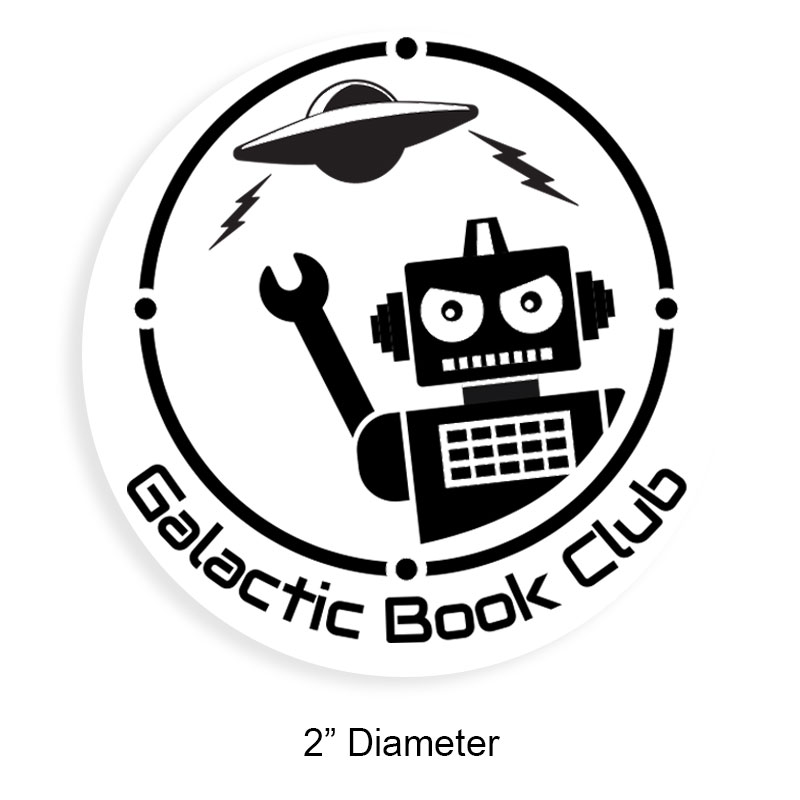 Tailor-made 2" round book stamp. Sci-Fi design. 6 mount options available. Wood, self-inking and pre-inking. Fast shipping.