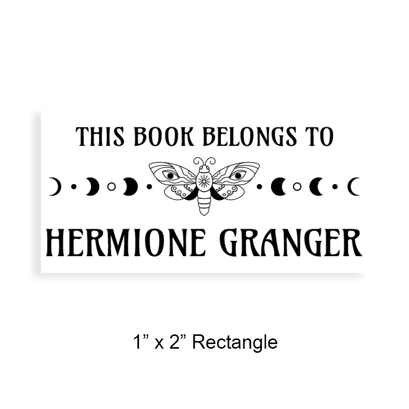 5 mount options available in wood, self-inker, pocket & pre-inker. Customizable 1" x 2" rectangle book stamp, moth with moon phases design. Ships fast.