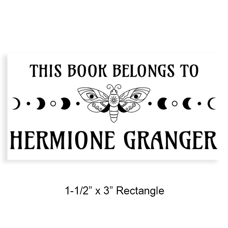 Customizable 1-1/2" x 3" rectangle book stamp. Moth with moon phases design. 4 mount options available. Wood, self-inking and pre-inking. Fast shipping.