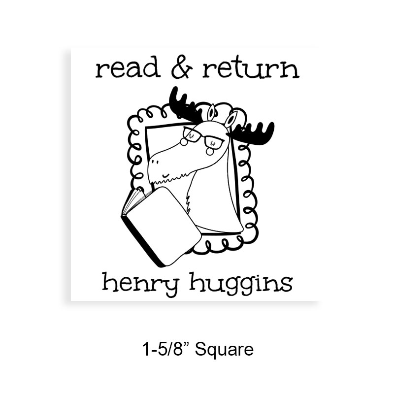 Made-to-order 1-5/8" square book stamp. Reading moose design. 7 mount options available. Wood, self-inking and pre-inking. Fast shipping.