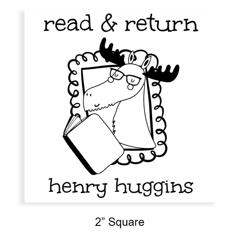 Personalized 2" square book stamp. Reading moose design. 3 mount options available. Wood hand stamp and pre-inking. Fast shipping.