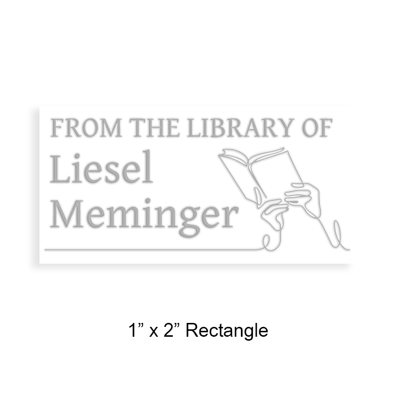 Tailor-made 1" x 2" rectangle book embosser. Line hands holding book design. 3 mount options available. Desk, gift and pocket. Fast shipping.