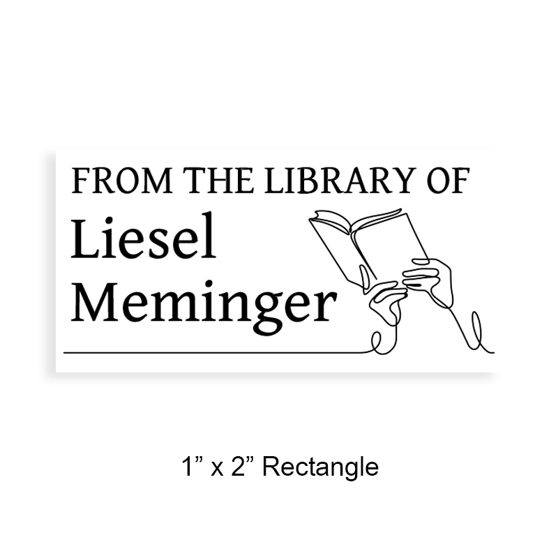 Tailor-made 1" x 2" rectangle book stamp. Line hands holding book design. 5 mount options available. Wood, self-inking, pocket & pre-inking. Fast shipping.