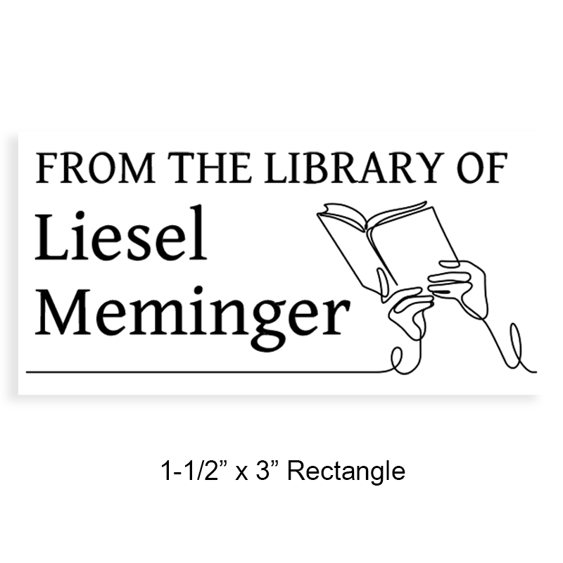 Tailor-made 1-1/2" x 3" rectangle book stamp. Line hands holding book design. 4 mount options available. Wood, self-inking and pre-inking. Fast shipping.