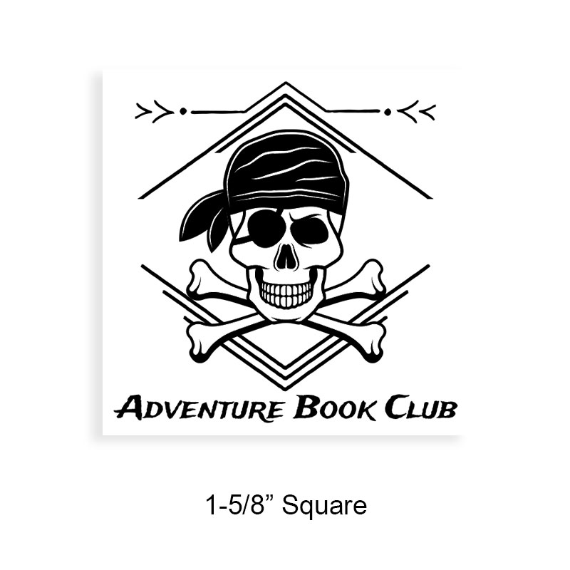Customizable 1-5/8" square book stamp. Skull and crossbones design. 7 mount options available. Wood, self-inking and pre-inking. Fast shipping.