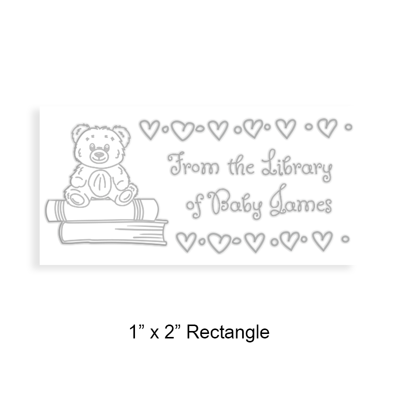 Personalize this 1" x 2" rectangle book embosser. Teddy bear with hearts design. 3 mount options available. Desk, gift and pocket. Fast shipping.