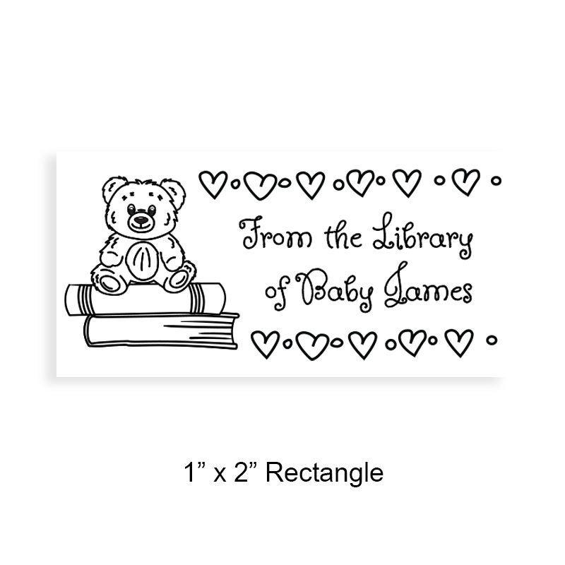 Personalize this 1" x 2" book stamp with teddy bear & hearts design. 5 mount options available. Wood, self-inking, pocket & pre-inking. Fast shipping.