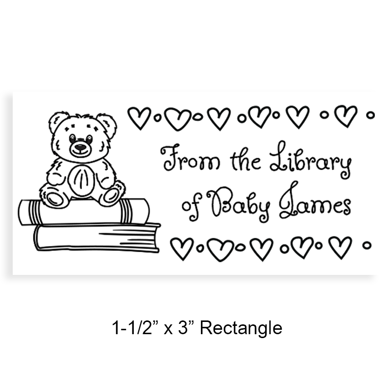 This 1-1/2" x 3" teddy bear with hearts library stamp can be personalized to fit your style. 4 mount options: wood, self-inking & pre-inking. Ships fast.