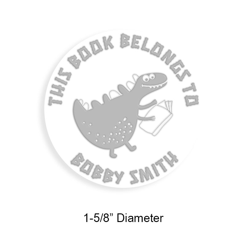 Personalized 1-5/8" round book embosser. Happy dinosaur design. 3 different mount options available. Desk, gift and pocket. Fast shipping.