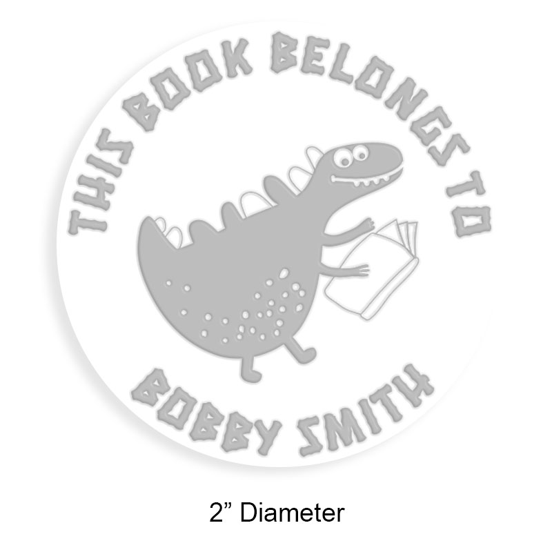 Custom-made 2" round book embosser. Happy dinosaur design. 4 mount options available. Desk, gift, pocket and EX long reach. Fast shipping.
