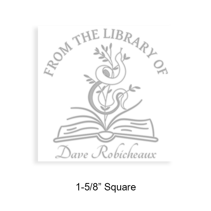 Personalized 1-5/8" square book embosser. Snake in open book design. 3 mount options available. Desk, gift and pocket. Fast shipping.