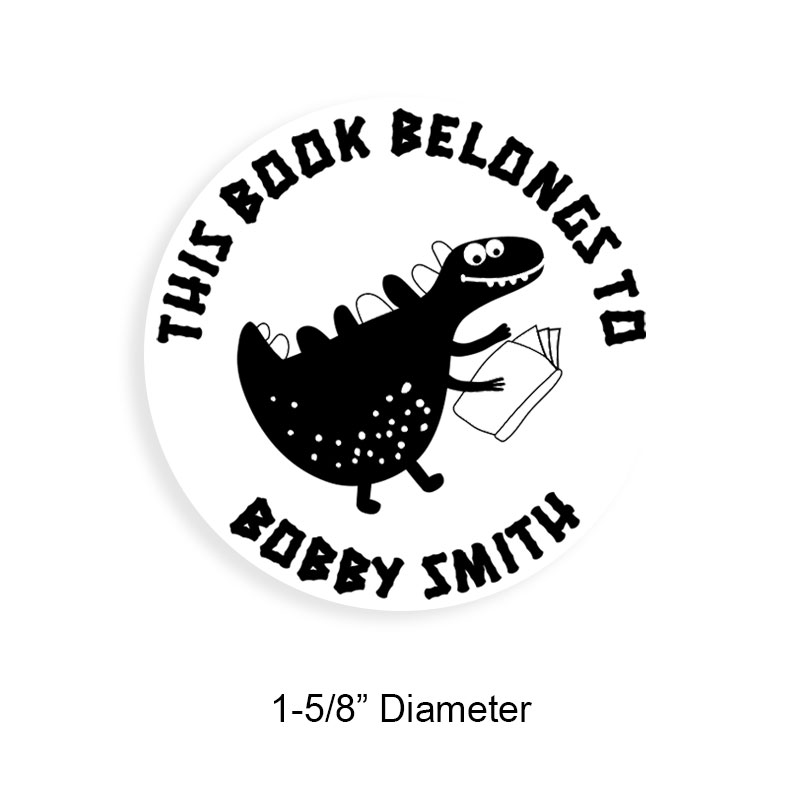Personalized 1-5/8" round book stamp. Happy dinosaur design. 6 mount options available. Wood, self-inking and pre-inking. Fast shipping.