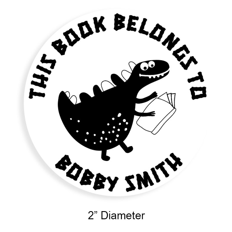 Custom-made 2" round book stamp. Happy dinosaur design. 6 mount options available. Wood, self-inking and pre-inking. Fast shipping.