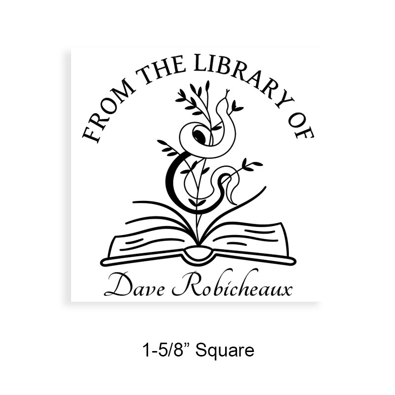 Personalized 1-5/8" square book stamp. Snake in open book design. 7 mount options available. Wood, self-inking and pre-inking. Fast shipping.