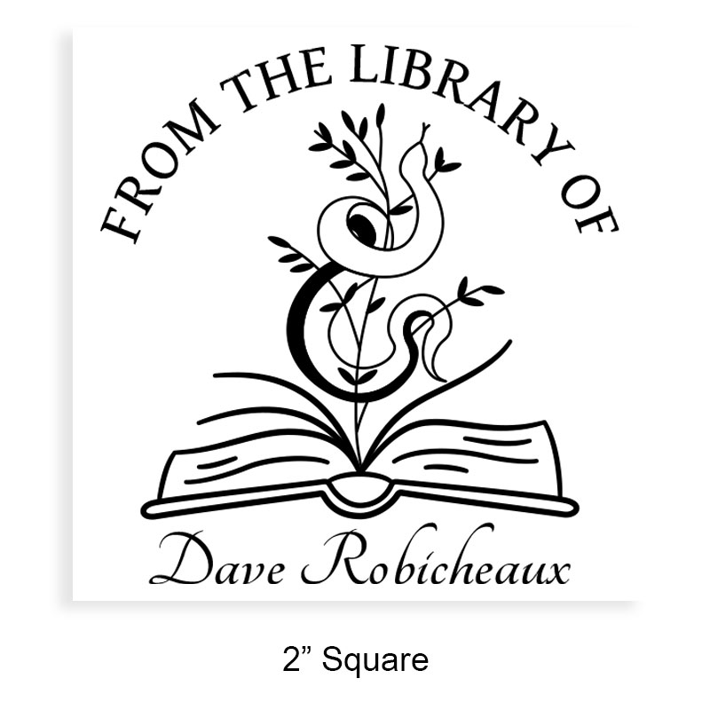 Custom-made 2" square book stamp. Snake in open book design. 3 mount options available. Wood hand stamp and pre-inking. Fast shipping.