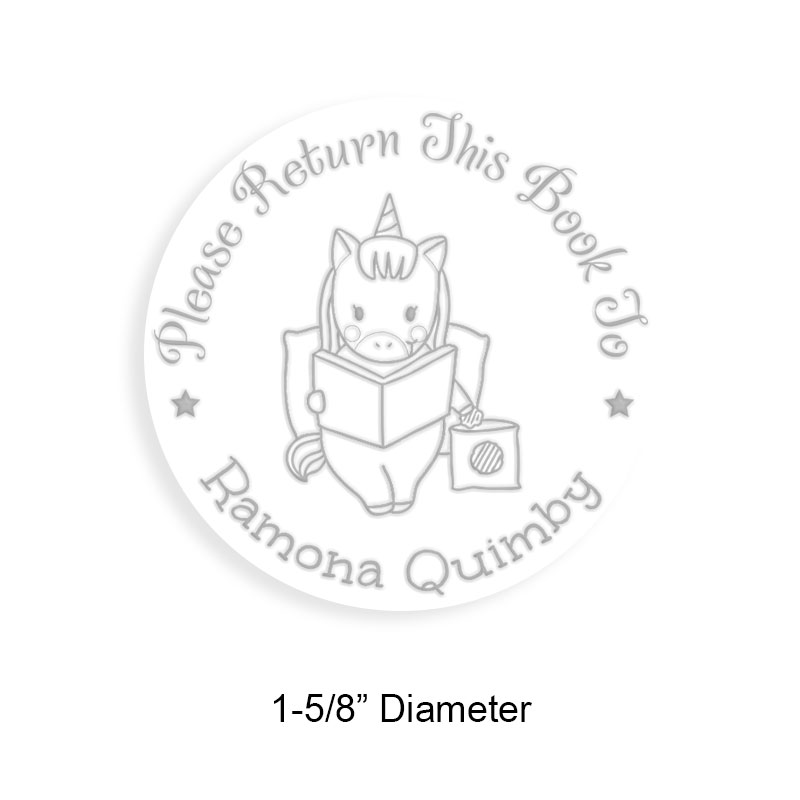 Tailor-made 1-5/8" round book embosser. Studious unicorn design. 3 different mount options available. Desk, gift and pocket. Fast shipping.