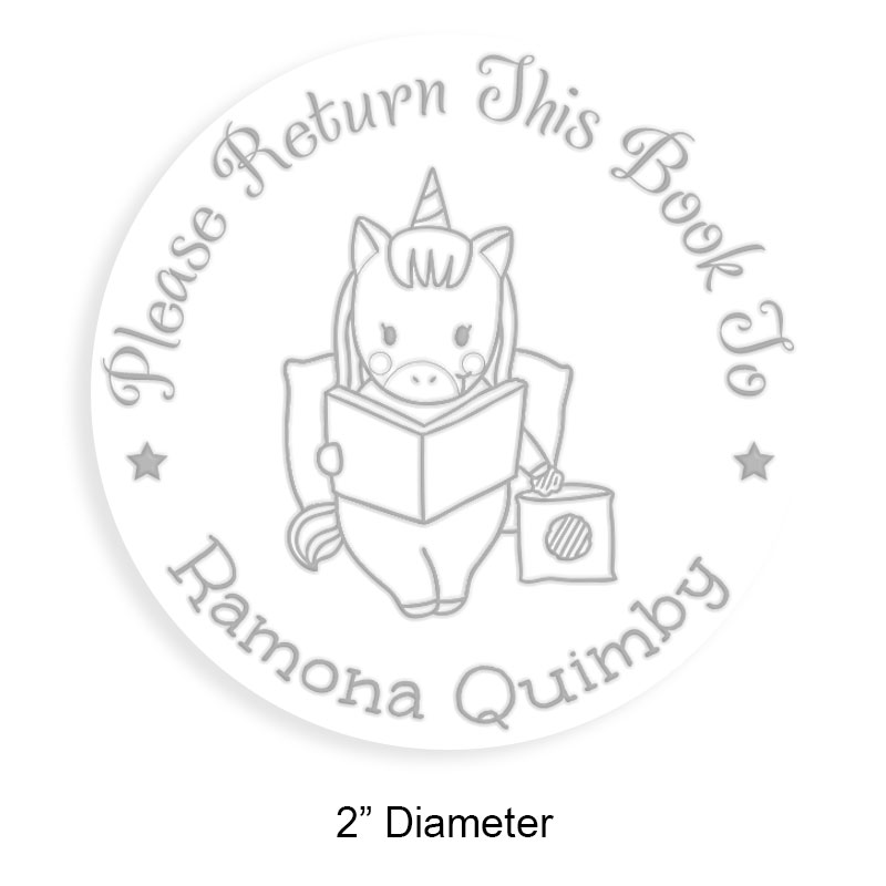 Customizable 2" round book embosser. Studious unicorn design. 4 mount options available. Desk, gift, pocket and EX long reach. Fast shipping.